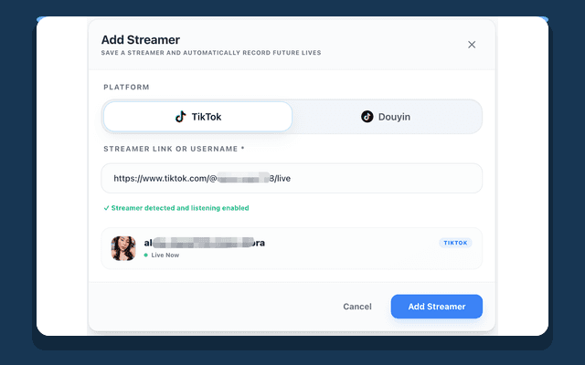 AutoRecordLive Add Streamer screen with a recognized TikTok channel ready for confirmation